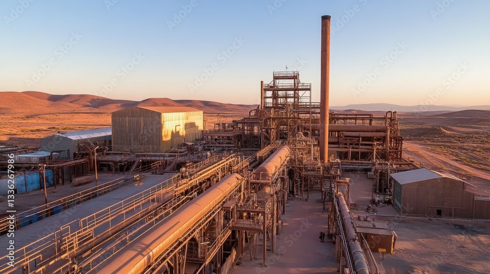 Fototapeta premium A wide-angle shot of a zinc processing facility with chimneys and metal pipes