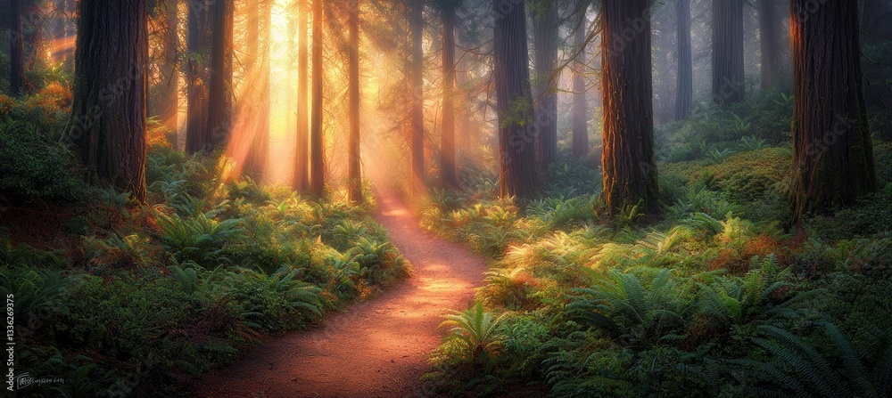 Fototapeta premium Enchanting sunlit trail through a majestic redwood forest