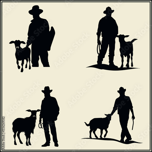 Farmer Leading Goat, Rural Silhouette