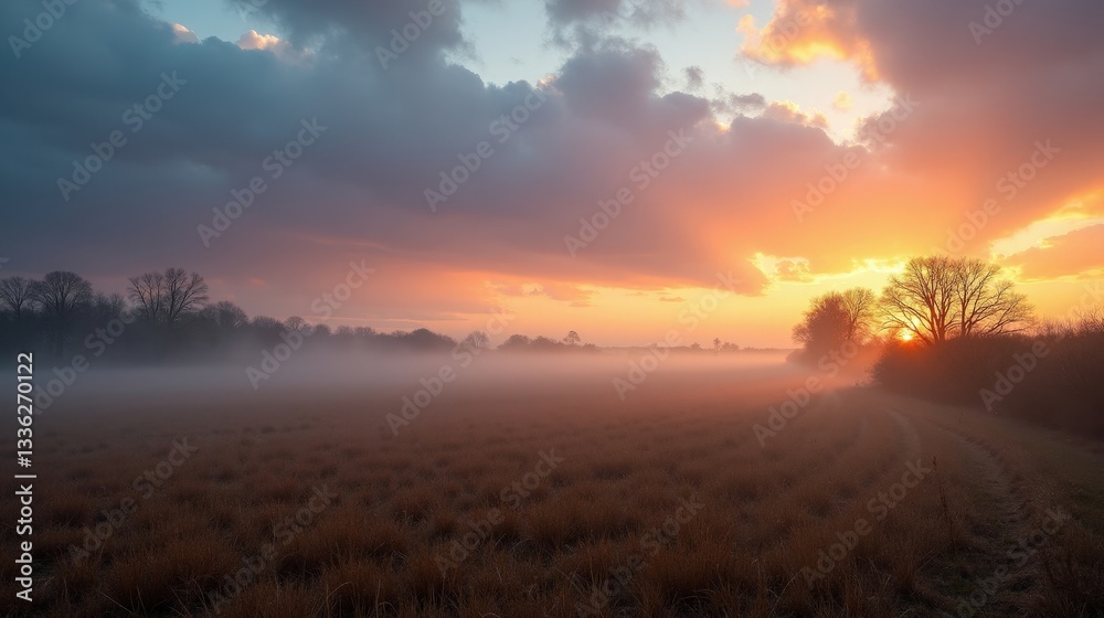 Obraz premium Expansive floodplains in the golden morning light. The tall, wind-swayed grasses and meandering water channels create a romantic autumn atmosphere with soft, warm hues.