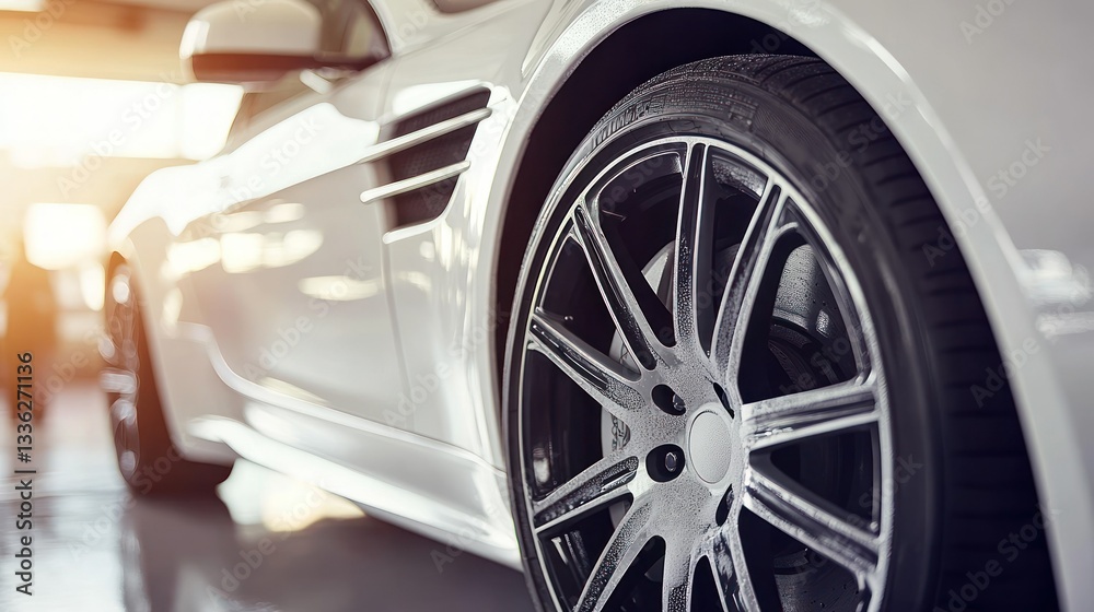 A close up view of a white car wheel and tire A close up view of a white car wheel and tire