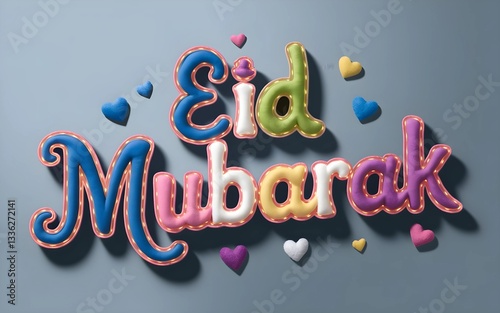 Vibrant and festive Eid Mubarak celebration image featuring colorful illuminated marquee letters, heart-shaped decorations, and scattered confetti on a dark background, symbolizing joy, happiness, and