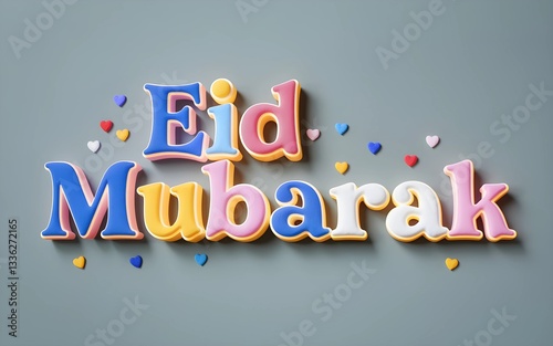Vibrant and festive Eid Mubarak celebration image featuring colorful illuminated marquee letters, heart-shaped decorations, and scattered confetti on a dark background, symbolizing joy, happiness, and
