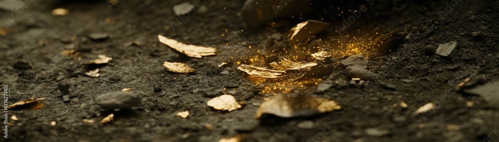 Golden flakes and small particles scattered on a textured dark surface Golden flakes and small particles scattered on a textured dark surface