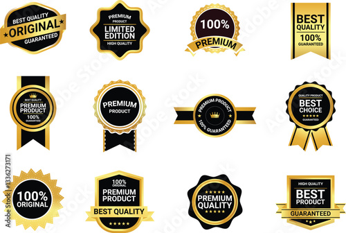 Golden luxury labels. Premium quality badges with golden stars and ribbons for product rating. Shiny stickers and seal for certificate vector set.eps