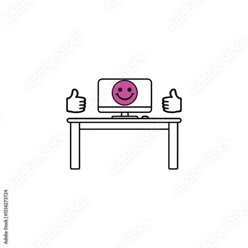 Employee Satisfaction Concept icon Positive Workspace Icon: Desk Setup with Pink Smiley Face Monitor and Thumbs-Up