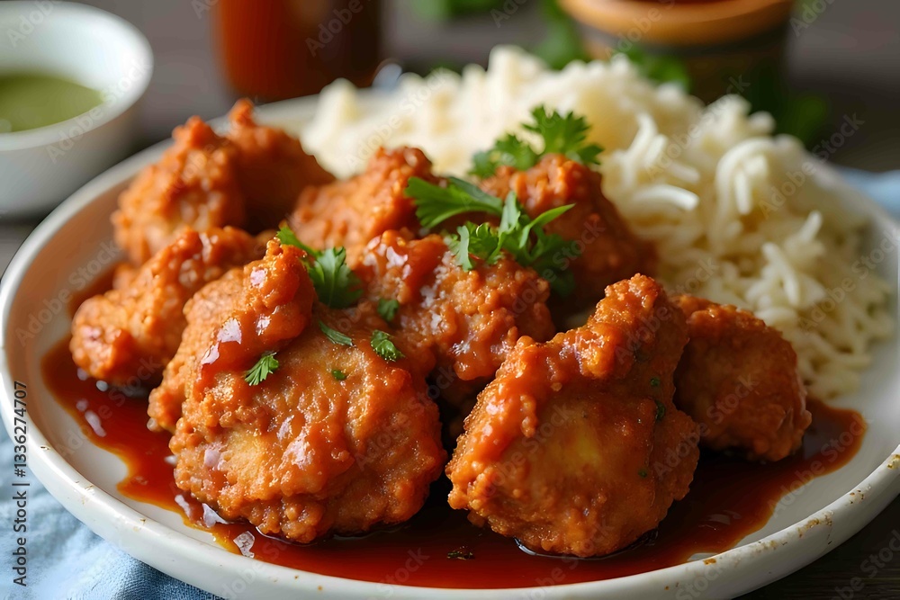 Fried chicken with chili sauce, can be eaten with many things such as rice, sticky rice, French fries, mashed potatoes, etc. Fried chicken with chili sauce, can be eaten with many things such as rice, sticky rice, French fries, mashed potatoes, etc.