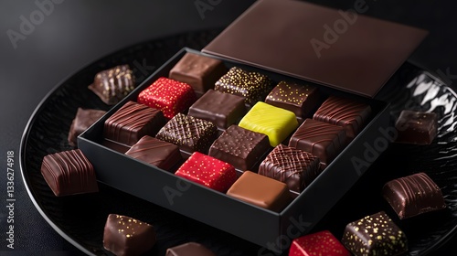 A vibrant display of assorted chocolate squares in a modern box, set on a sleek black plate with a reflective finish, captured in HD detail.