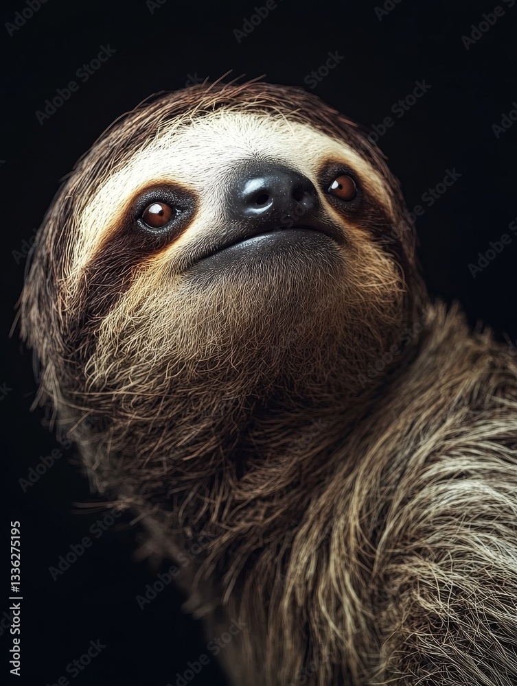 Fototapeta premium Enthralling Sloth Portrait: A Glimpse into Wildlife's Gentle Soul - Captivating Close-Up of Nature's Furry Marvel, Slow and Steady, Adorable Creature