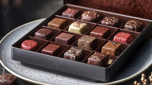 A vibrant display of assorted chocolate bonbons in a modern box, arranged on a minimalist plate with refined textures and rendered in HD clarity.