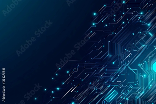 Abstract close-up of a glowing blue digital circuit board, showcasing intricate connections and technological design on a black background.
