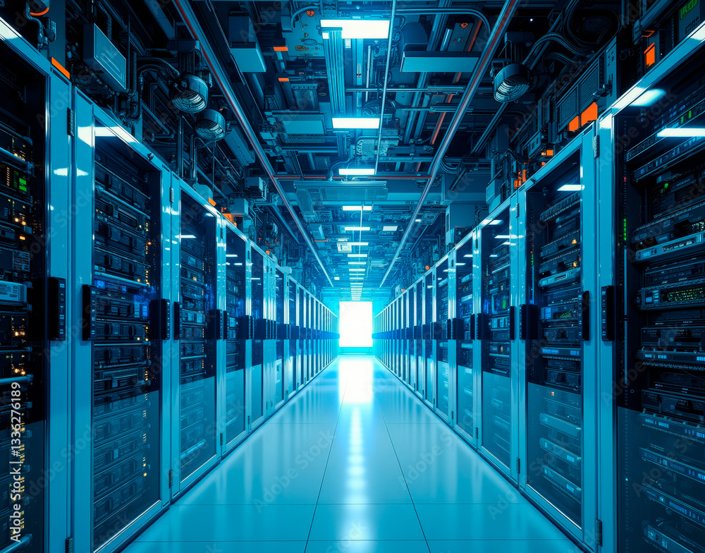Hyperscale server hall with towering SSD stacks, robotic maintenance drones, and cold white industrial lighting.
