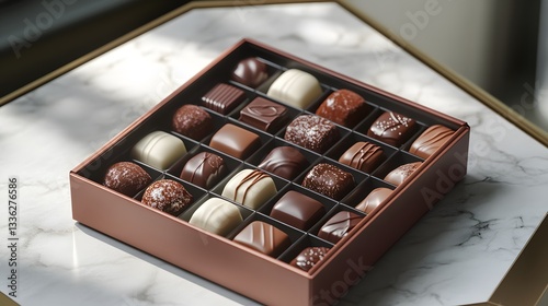 A vibrant presentation of assorted milk chocolates in an elegant box, artfully arranged on a geometric plate with soft shadows in HD clarity.