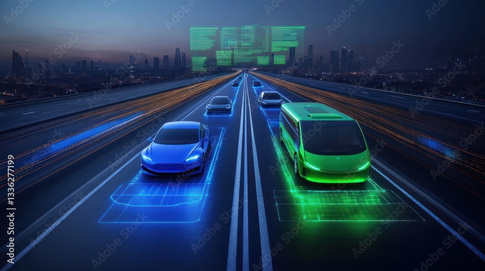 Modern electric vehicles driving on a futuristic automated highway Modern electric vehicles driving on a futuristic automated highway