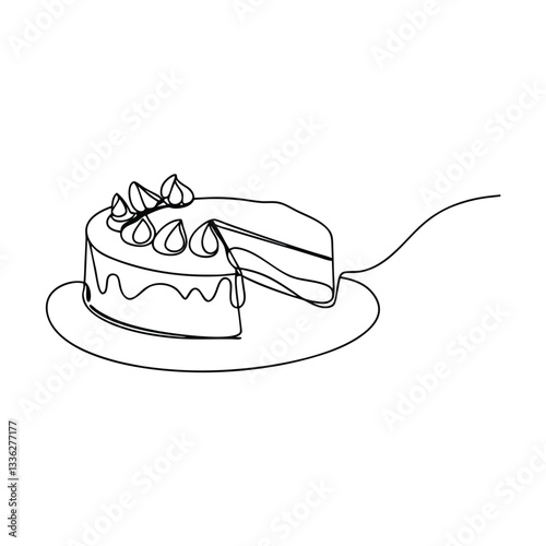Singleline drawing of delicious birthday cake with a slice