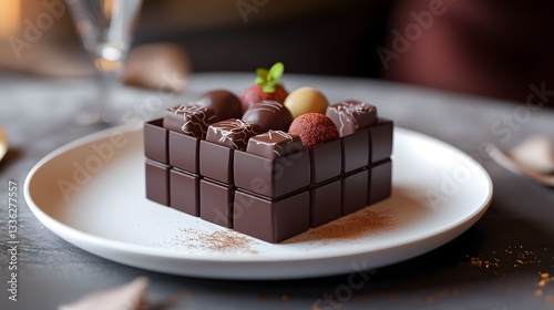 A vibrant presentation of chocolate delights in an elegant box, set on a sleek white plate with refined accents and rendered in crisp HD.