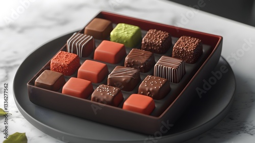 A vibrant display of assorted chocolate bonbons in a modern box, arranged on a minimalist plate with refined textures and rendered in HD clarity.