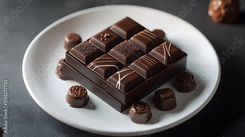 A vibrant presentation of chocolate delights in an elegant box, set on a sleek white plate with refined accents and rendered in crisp HD.
