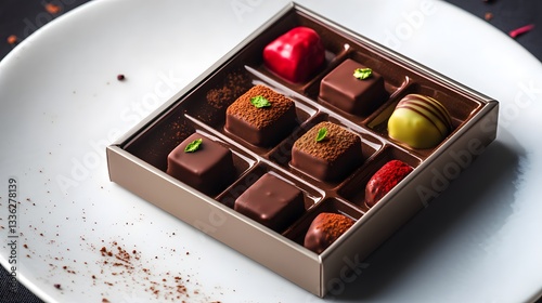 A vibrant presentation of decadent chocolates in an elegant box, set on a minimalist white plate with delicate garnish and captured in HD detail.