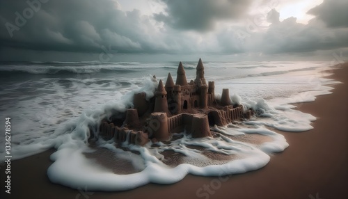 Eroded sandcastle on the shore, waves dissolving its edges, moody sky in the background.