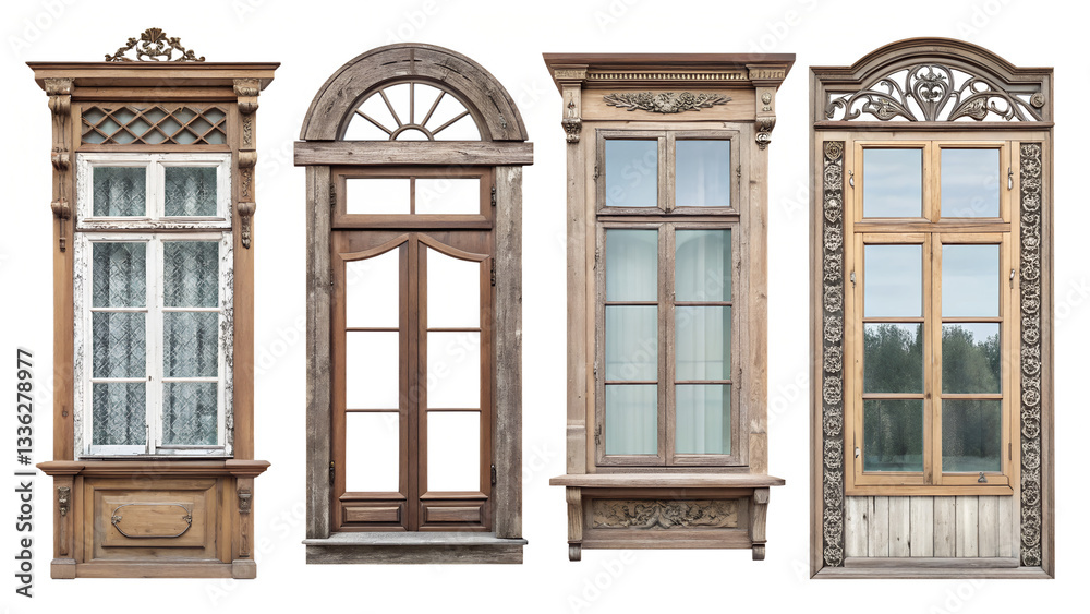 Obraz premium Antique Wooden Windows: Architectural Details & Design Elements