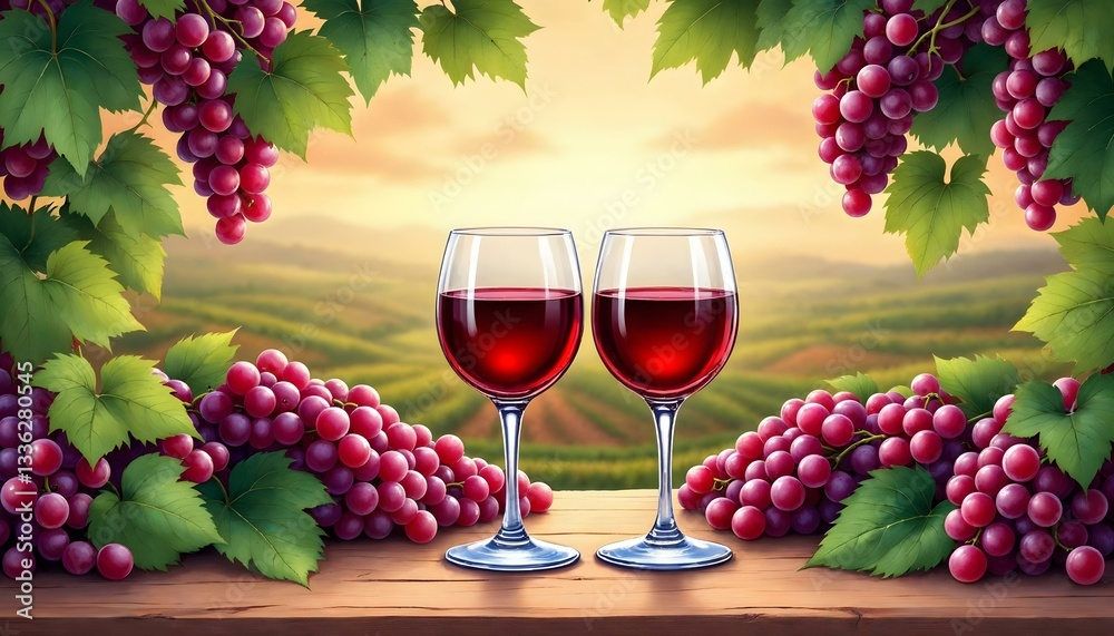 Fototapeta premium Illustration of two wine glasses filled with red wine, surrounded by bunches of red grapes and green leaves, set against a backdrop of rolling hills and vineyards under a warm, golden sky