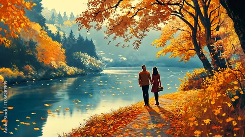 Wallpaper Mural Romantic Autumn Walk: Couple Enjoying Scenic Fall Foliage Along a Tranquil River Torontodigital.ca