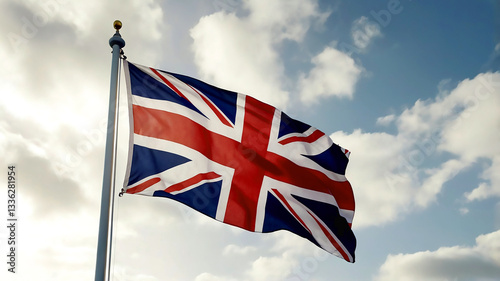 British flag waving proudly in a blue sky with fluffy white clouds uk red wave pole windy royal image