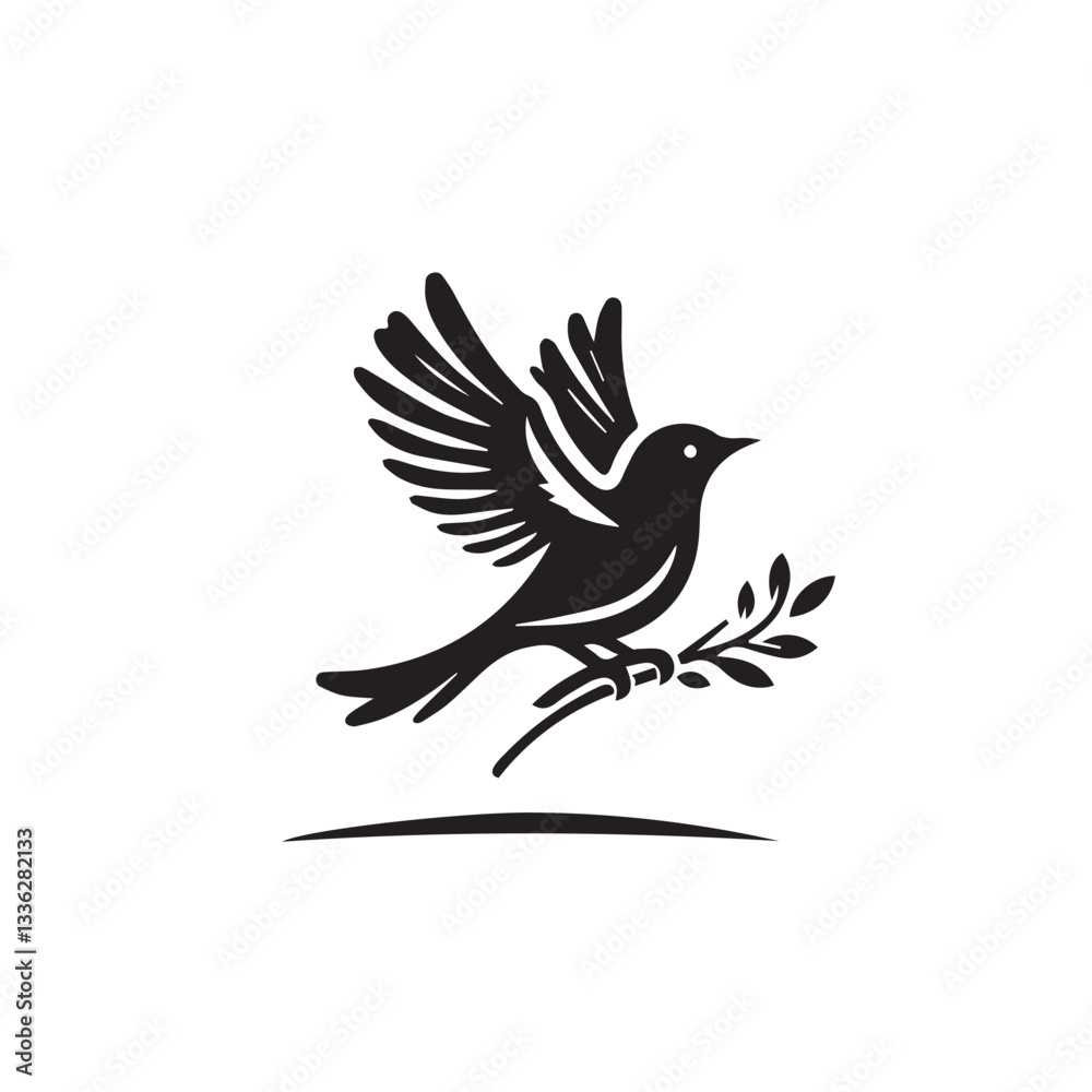 Flying Bird with Olive Branch | Peaceful Dove Silhouette Logo Flying Bird with Olive Branch | Peaceful Dove Silhouette Logo