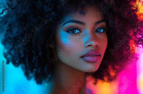 A pretty girl with curly hair has colorful bright lighting on her face and looks at the viewer with a serious expression.