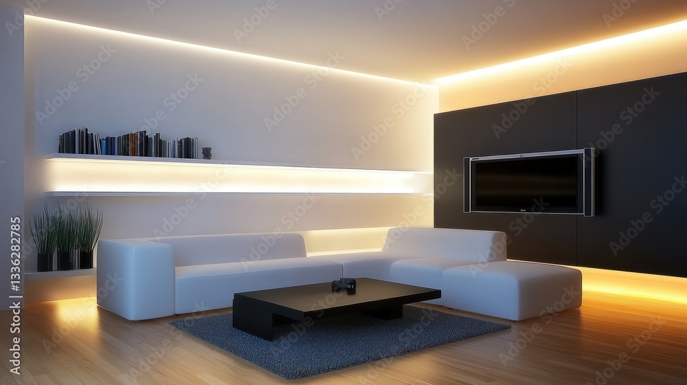 A modern living room with sleek design and warm lighting