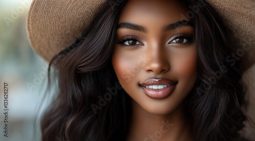 A pretty dark haired girl smiles with a light brown hat on her head, showing her beautiful features to the viewer.