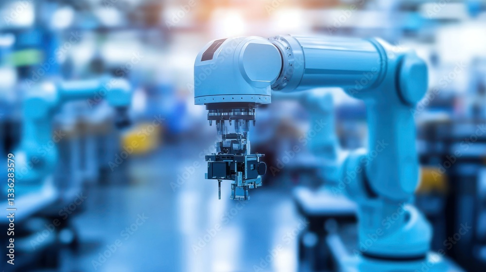 Modern industrial robot arms working in a large manufacturing environment