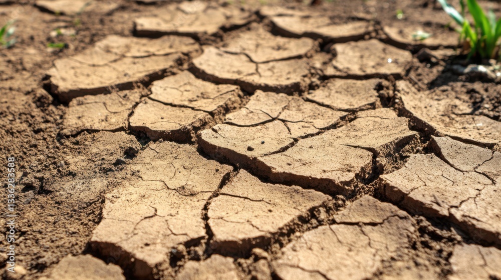 Fototapeta premium Dry Cracked Ground in Arid Landscape Highlighting Drought Conditions