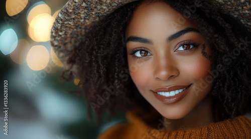 A girl with a hat and sweater smiles at the viewer with pretty eyes and curly hair on a blurred light background.