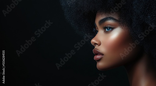 A dark haired woman looks to the side with smooth skin, full lips and blue eyes on a dark background.