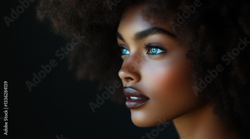 Dark haired person looks toward the light, with blue eyes and dark lips, against a dark background.