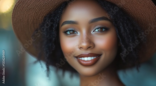 A pretty dark haired girl wears a nice brown hat and smiles gently at the viewer with soft blurred light behind her.