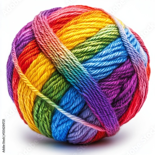 A ball of yarn displays many bright colors. The yarn looks soft and smooth. The colors include red, orange, yellow, green, blue, and purple.