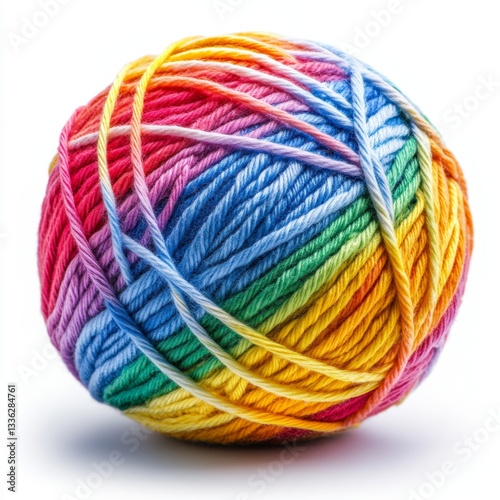 A ball of bright rainbow yarn sits on a white surface, showing colorful texture and fibers ready for use in creative projects.