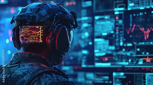 Futuristic soldier with advanced augmented reality interface and digital warfare