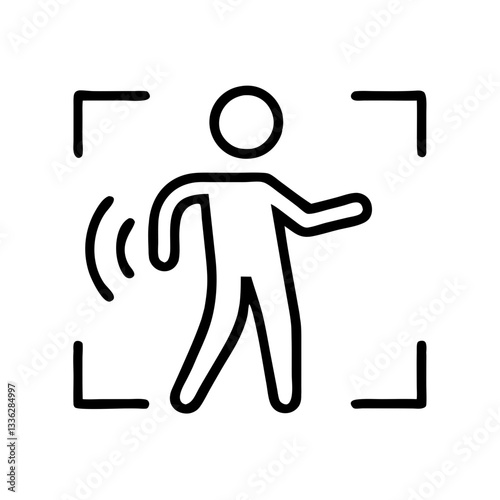 Minimalistic icon depicting person walking within frame and sound waves