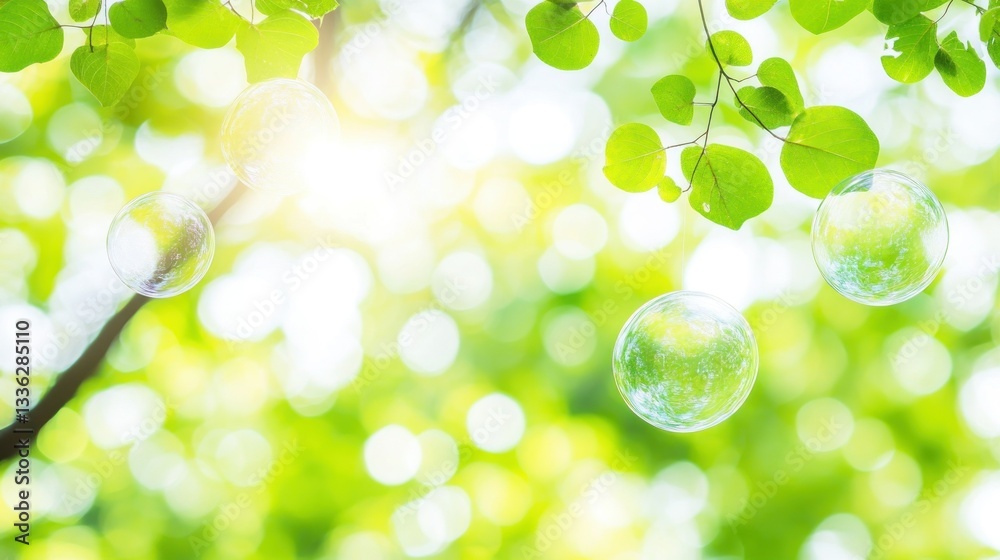 Bubbles Floating Among Green Leaves And Natural Sunlight Bubbles Floating Among Green Leaves And Natural Sunlight