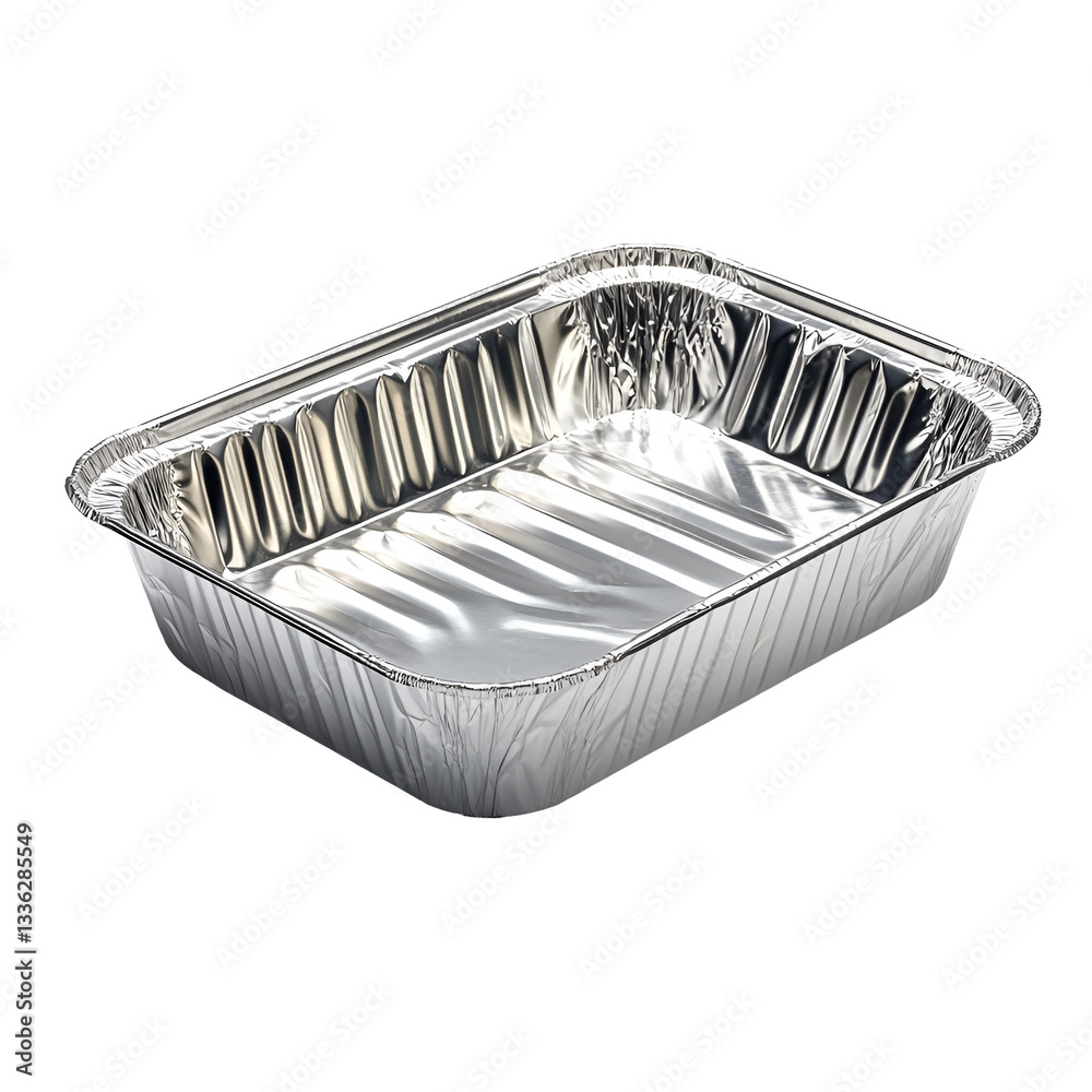 Obraz premium Empty aluminum food tray ready for use shiny metallic surface disposable container