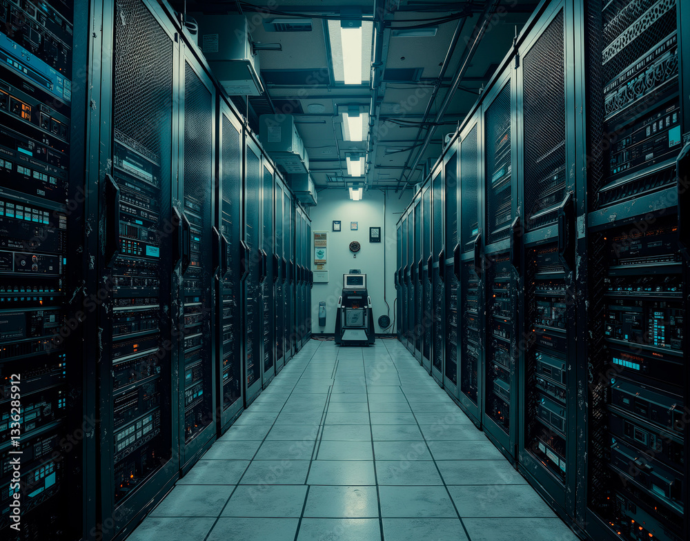 Server racks as tombstones with glowing digital epitaphs, symbolizing a memorial to technological obsolescence. Server racks as tombstones with glowing digital epitaphs, symbolizing a memorial to technological obsolescence.