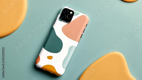 Abstract phone case design, teal background, lifestyle product shot