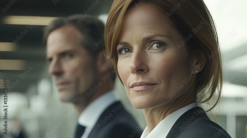 A professional businesswoman and colleague gaze into the camera together A professional businesswoman and colleague gaze into the camera together