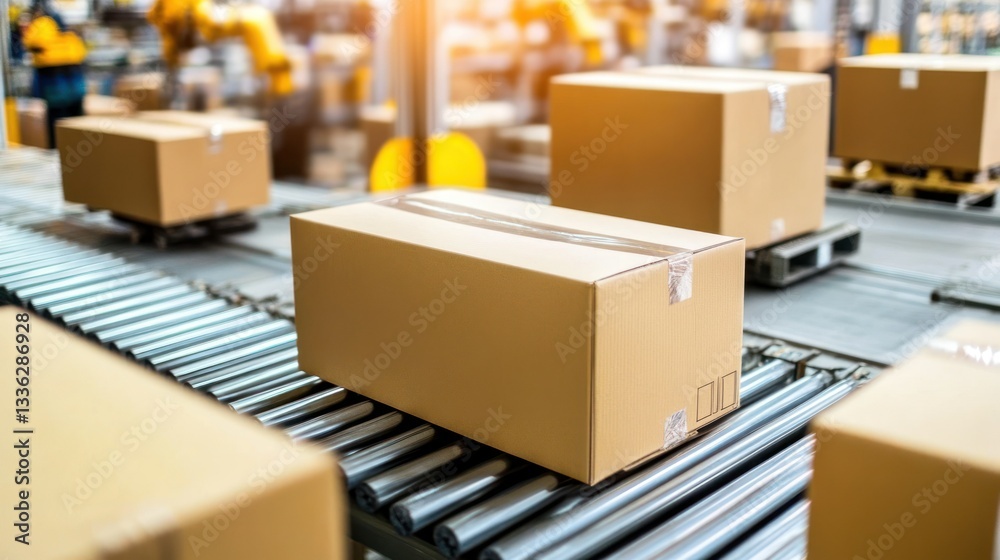 Cardboard Boxes Transported on a Roller Conveyor in a Warehouse Cardboard Boxes Transported on a Roller Conveyor in a Warehouse