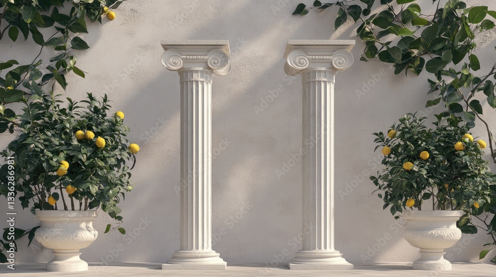 Naklejka premium Elegant classical architecture featuring two white columns adorned with lush greenery and lemon trees
