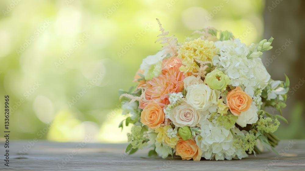A beautiful bouquet of colorful flowers sitting on wood